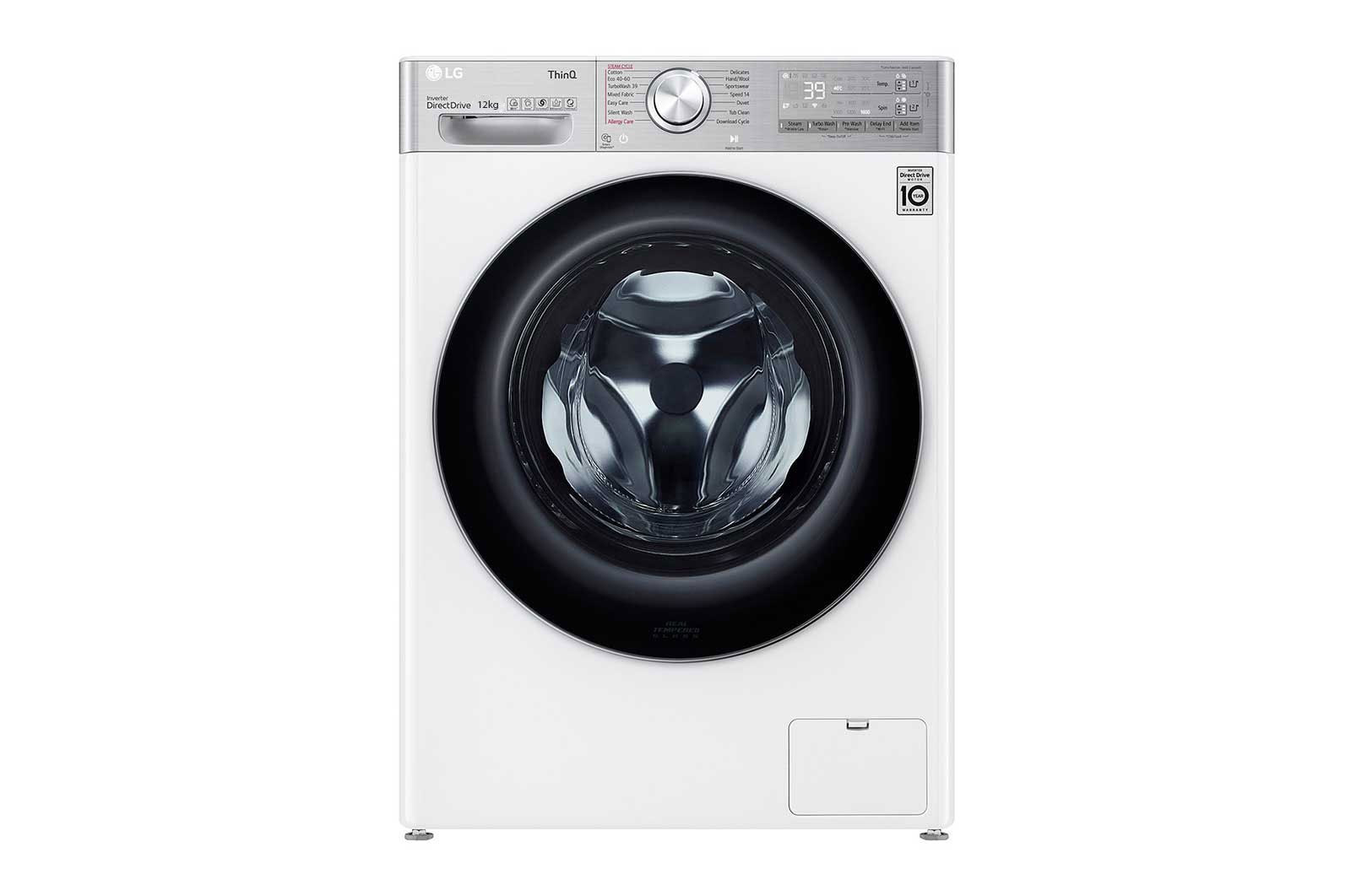 Vista frontal de Máquina de lavar roupa LG F4WV9512P2W, 12 kg, eficiência energética A, 1400 r.p.m., AI DD?, Steam&#43;?, TurboWash360?, ezDispense?, branco F4WV9512P2W