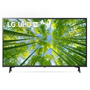 Vista frontal da TV UHD da LG com imagem infill e logótipo do produto