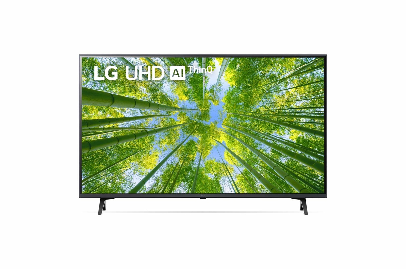 Vista frontal da TV UHD da LG com imagem infill e logótipo do produto