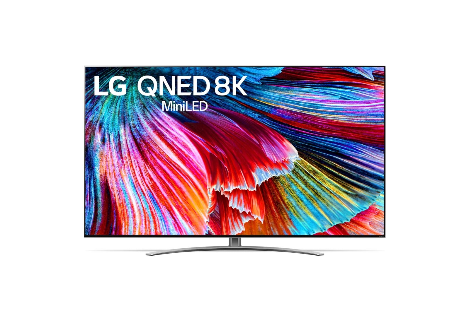 Vista frontal de LG QNED MiniLED TV 8K, série QNED99, Processador α9 Gen4 AI, webOS 6.0 86QNED996PB