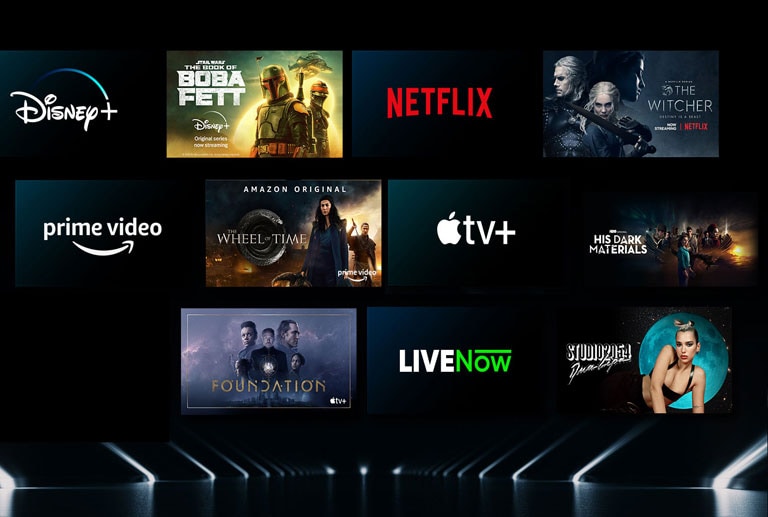 Imagem a mostrar uma variedade de servi?os OTT com os respetivos programas por baixo de cada logótipo.