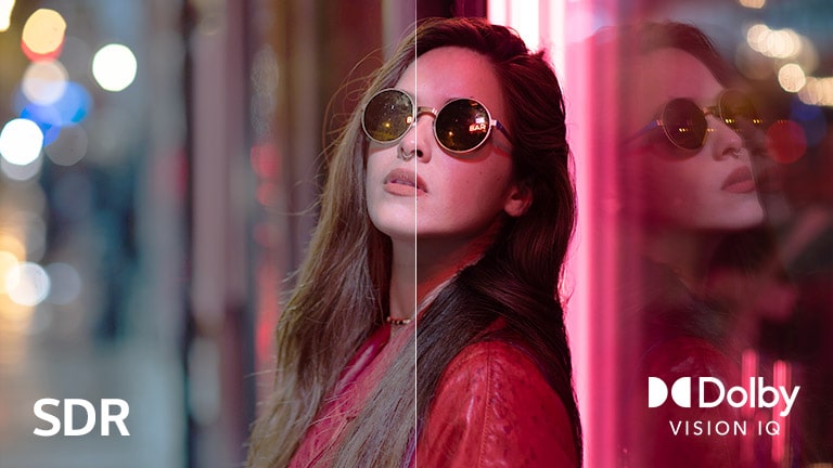 Cena de uma mulher com óculos de sol dividida em dois para compara??o visual. Na imagem, está o texto SDR no canto inferior esquerdo e o logótipo Dolby Vision IQ no canto inferior direito.