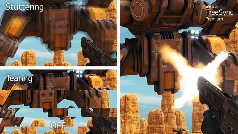 Um ecr? de TV que mostra uma nave espacial a sobrevoar uma cidade e o GUI do otimizador de jogo LG NanoCell à esquerda, ajustando a defini??o de jogo.