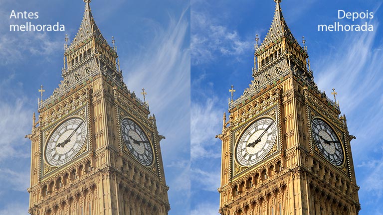 Uma imagem do Big Ben à direita com o texto 'Após o redimensionamento' tem mais brilho e defini??o em compara??o com a mesma imagem à esquerda com o texto 'Antes do redimensionamento'.