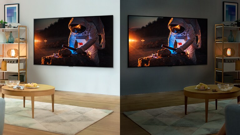 Uma TV a mostrar um astronauta numa sala brilhante. à direita, uma TV a mostrar um astronauta brilhante numa sala escura.
