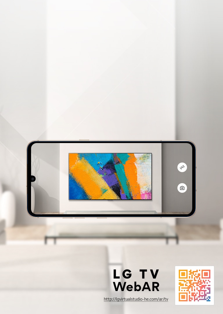 Trata-se de uma imagem simulada Web AR da TV OLED da LG. As imagens do telemóvel s?o sobrepostas num espa?o minimalista. Há um código QR no canto inferior direito.