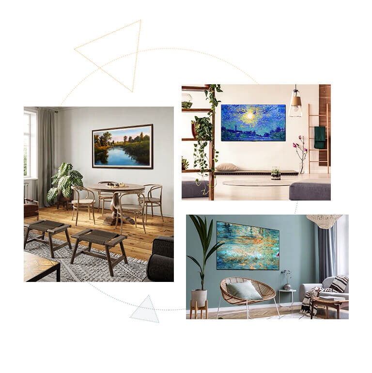 Três TV Gallery Design com um suporte a fazer a vez de obras de arte em qualquer lugar