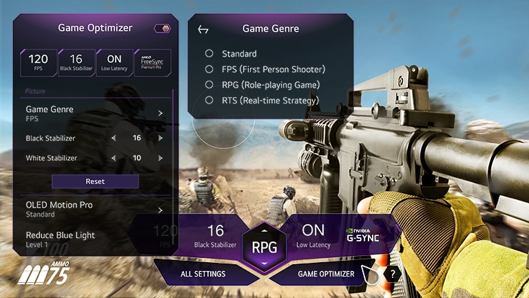 Um ecr? mostra uma cena de jogo em que um homem segura uma arma no meio de uma guerra na vis?o de primeira pessoa. Na cena, há um painel de jogo que surge. Surge um ecr? do otimizador de jogo quando o bot?o de otimizador de jogo é clicado no painel do jogo.