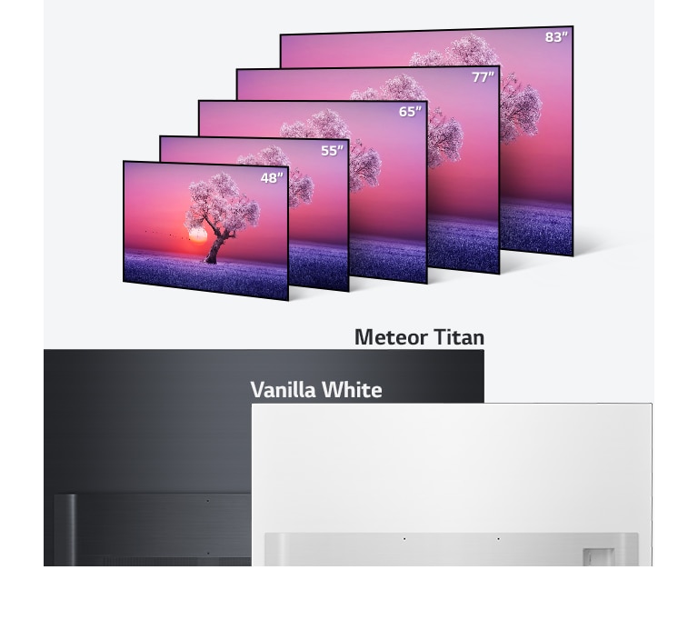LG OLED TV disponível em diferentes polegadas, de 48" a 83", com op??o de cor branca ou preta nas costas da sua TV.