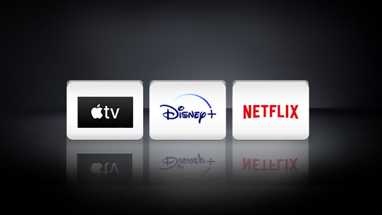 O logótipo Netflix, o logótipo Disney , o logótipo Apple TV organizados horizontalmente num fundo negro.