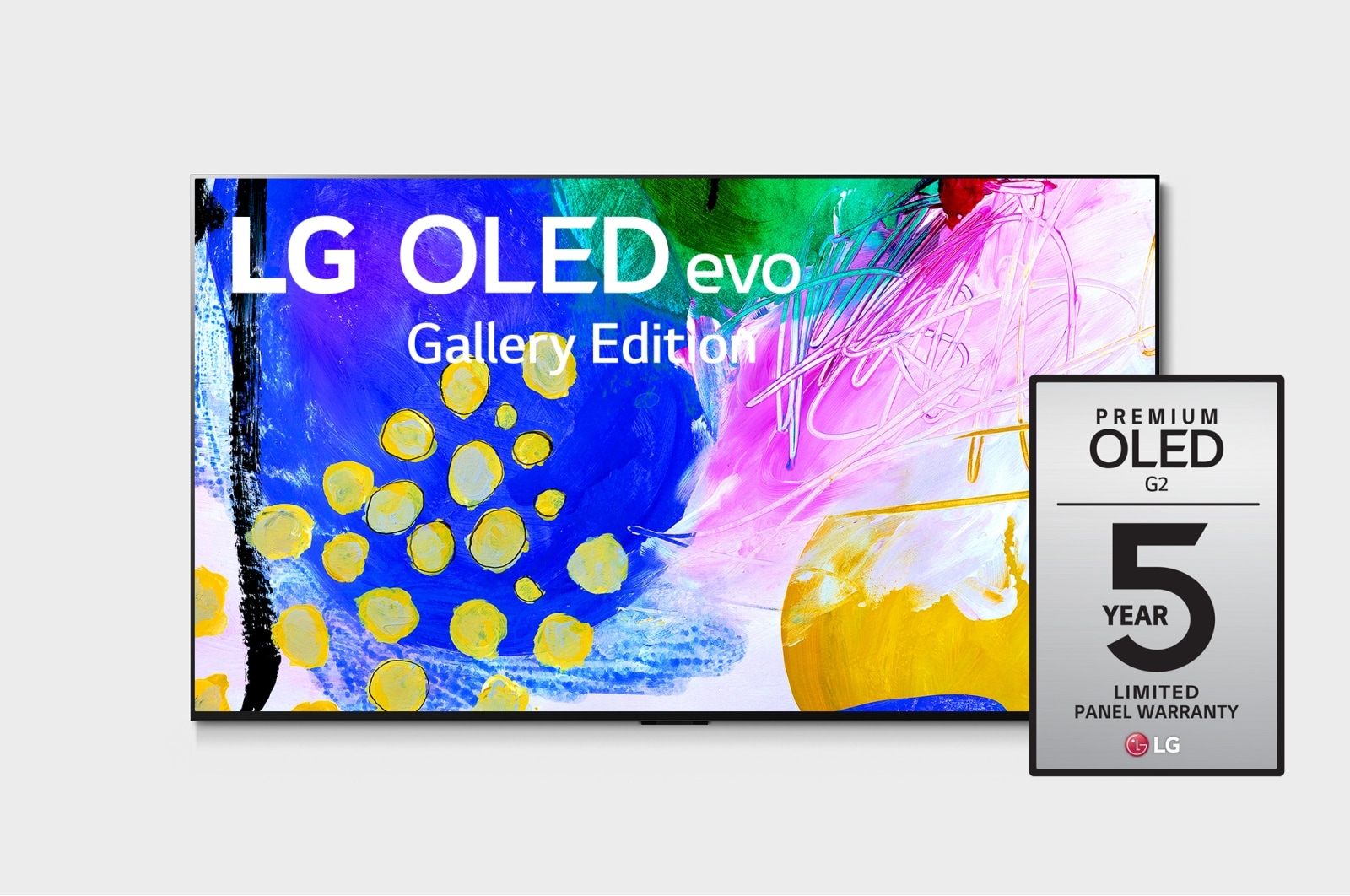 Vista frontal de LG OLED evo TV 4K, série G2, Gallery Edition, Processador α9 Gen5 AI, webOS 22 OLED83G26LA