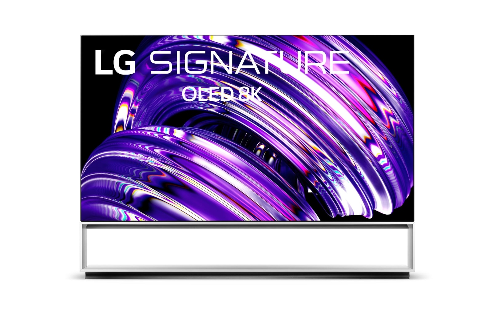 Vista frontal de LG OLED TV 8K, série Z2, Art Furniture Stand, Processador α9 Gen5 AI, webOS 22 OLED88Z29LA