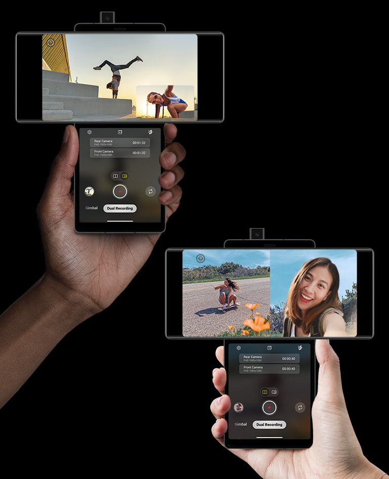 Smartphones que o filmam a si e a alguém a desfrutar de atividades em simultaneo.