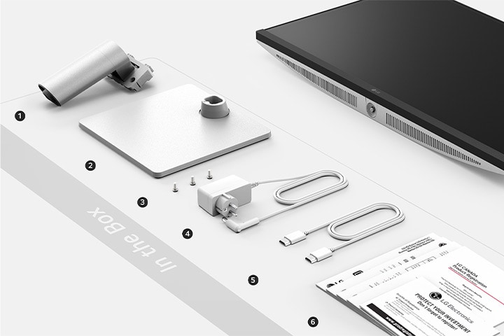 A caixa inclui o corpo do suporte, a base do suporte, os parafusos, o adaptador de alimenta??o, o cabo HDMI, o Guia de Início Rápido, o cart?o de registo e a garantia.