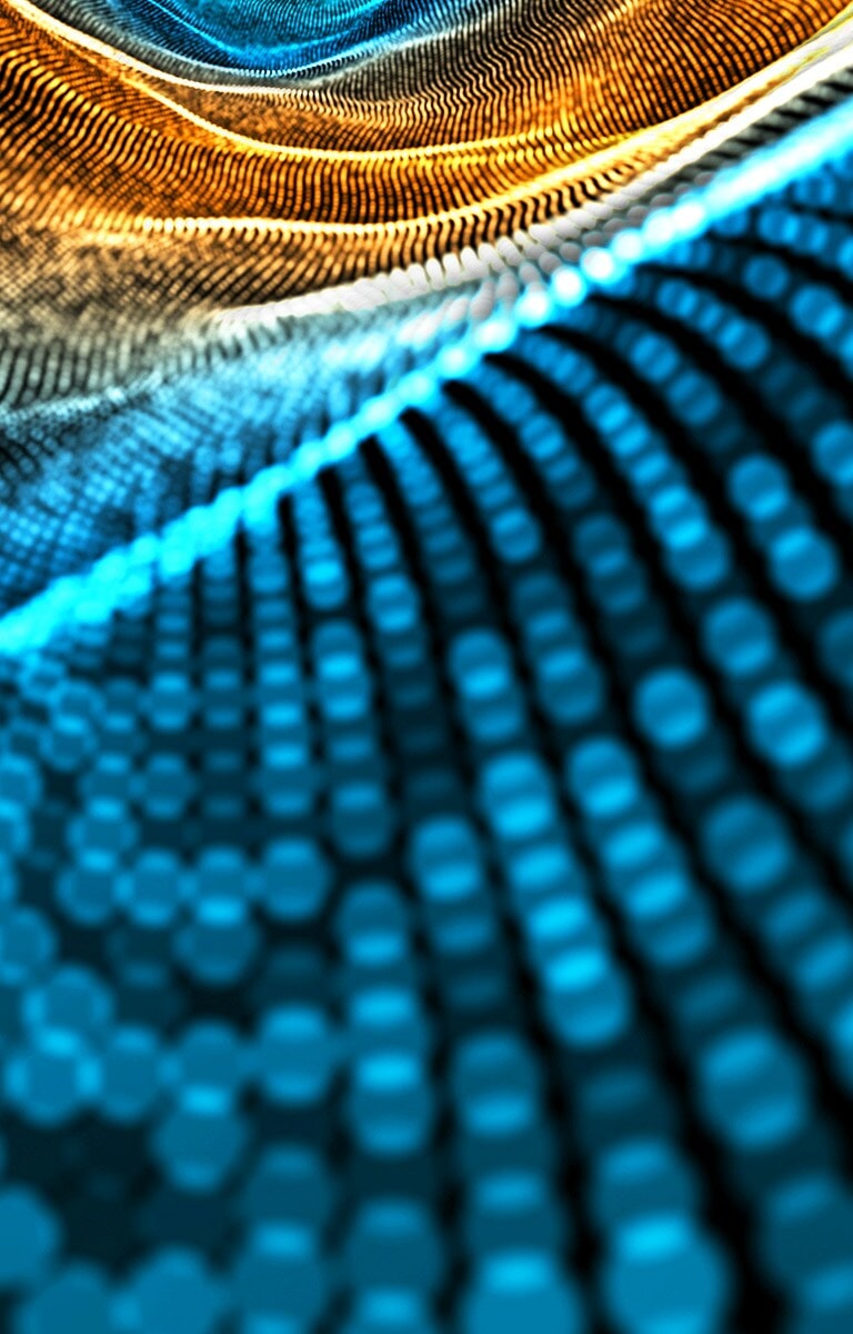 Uma onda de cor digital abstrata azul e dourada perfeita com pequenas partículas a fluir num movimento de dan?a num fundo abstrato de onda e luz.