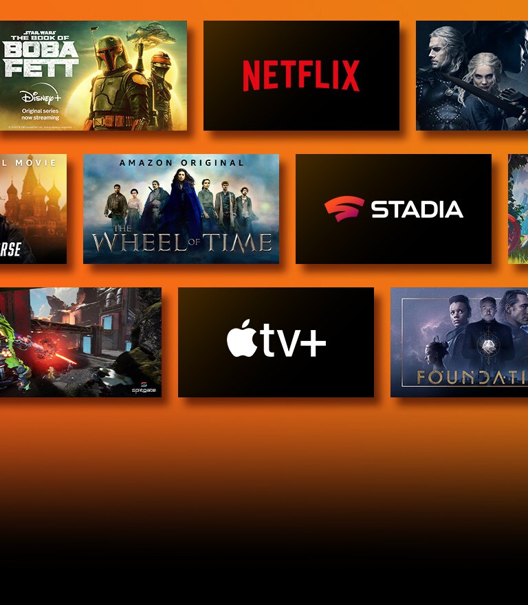 Logótipos de plataformas de servi?os de streaming e respetivas cenas ao lado de cada logótipo. Logótipo da Netflix e Casa de Papel e The Witcher. Logótipo da Disney e Boba Fett. Logótipo da Stadia e Journey to the Savage Planet e The Legend of Heroes: Trails of Cold Steel III Logótipo da Prime Video e Sem Remorso e A Roda do Tempo. Logótipo da Livenow e imagem do teaser de Mamamoo e imagem do teaser de OneUs. Logótipo da NVIDIA Geforce Now e imagens de gameplay de Cyberpunk 2077 e Splitgate. Logótipo da Apple TV plus e Funda??o e Finch. 