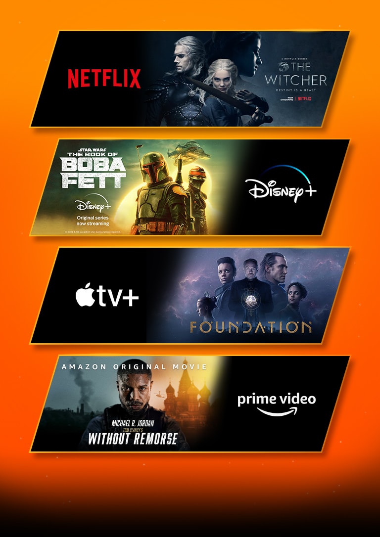 4 blocos de imagem, cada um com o logótipo da plataforma de streaming e imagens das cenas. Logótipo da Netflix com The Witcher, logótipo da Disney plus com Boba fett, logótipo da Apple TV plus com Funda??o e logótipo da Prime Video com Sem Remorso.