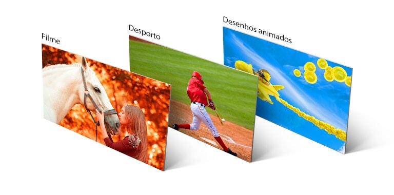 Três imagens, uma com meninas a beijarem um cavalo, a segunda com um jogador de basebol que bate uma bola e a terceira com um avi?o animado a voar pelo céu.