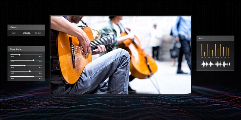 Um ecr? de TV que mostra um homem a tocar guitarra contra um fundo escuro. Ao lado da TV est?o diferentes configura??es de áudio e à frente est?o linhas coloridas para visualizar as ondas sonoras.