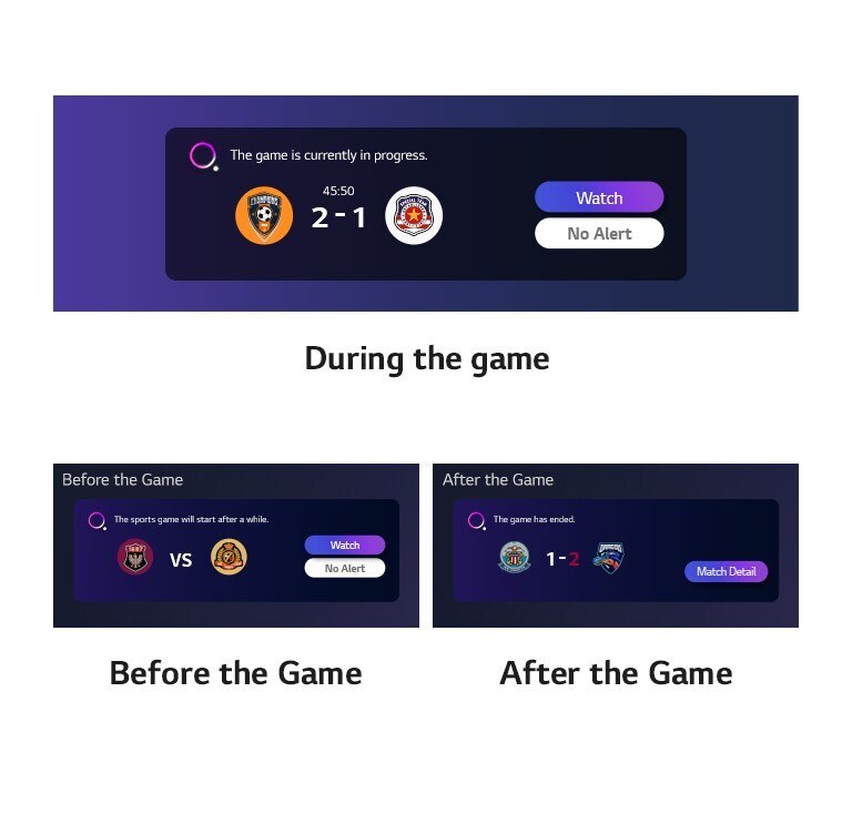 Diferentes tipos de notifica??es sobre resultados, jogos e horas de início listados horizontalmente sob a imagem.