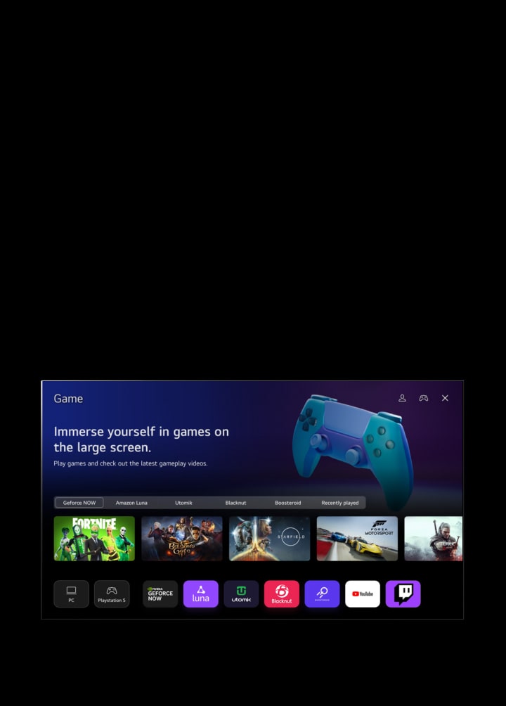 O cursor clica em Sports e o ecr? desvanece para o menu de Sports com o texto "Regista a tua equipa/ jogador favorito para mais informa??es sobre a classifica??o da liga, horários dos jogos ou outras atualiza??es", e "lista popular da liga". Cinco miniaturas s?o rotuladas de Futebol, Basquetebol, Basebol, Criquet e Hóquei no Gelo". O ec? desvanece, o cursor clica em Game e o ecr? desvanece para o menu de Game com o texto "mergulha num jogo no grande ecr?. Aqui jogas e assistes aos últimos vídeos de gameplay". A imagem apresenta op??es rotuladas como GeForce Now, Amazon Luna, Utomik, Blacknut, Boosteroid, e recentemente jogados. S?o apresentados os seguintes logótipos: GeForce Now, Amazon Luna, Utomik, Blacknut, Boosteroid e YouTube e TTwitch.