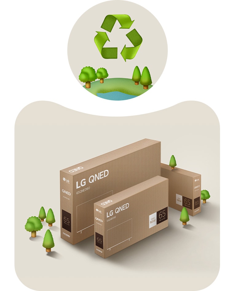 LG QNED packaging against a beige background with illustrated trees. 