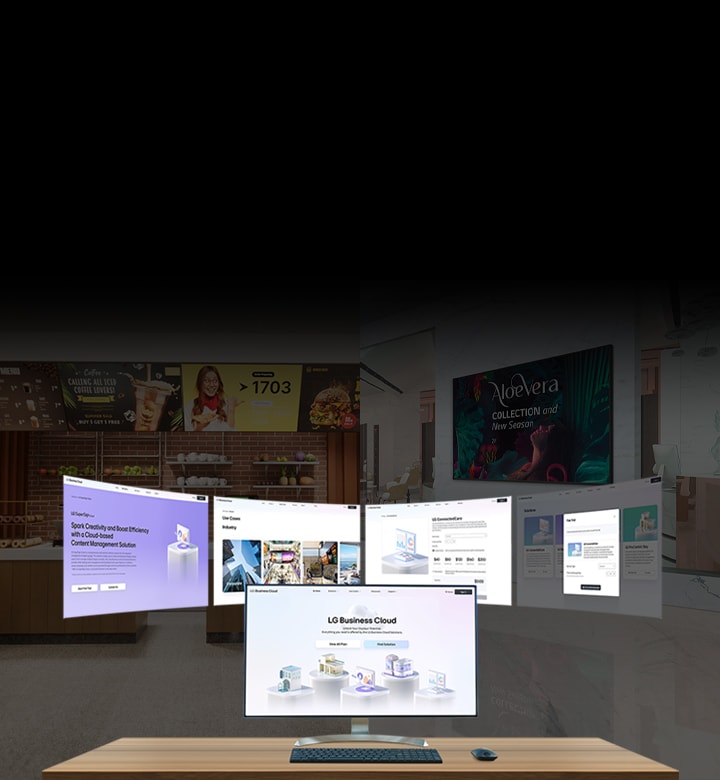 This image features the LG Business Cloud main screen on a monitor, with various web page views shown behind it.	