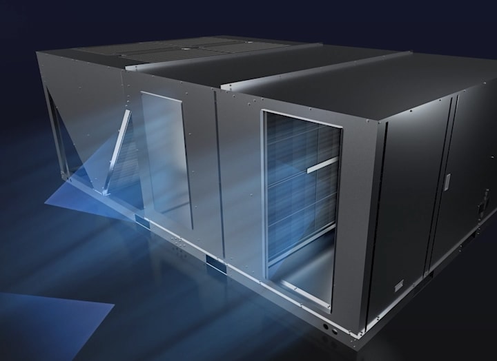 The Inverter Single Package with blue arrows pointing in various directions, indicating airflow. The front panel is partially open, revealing internal components.