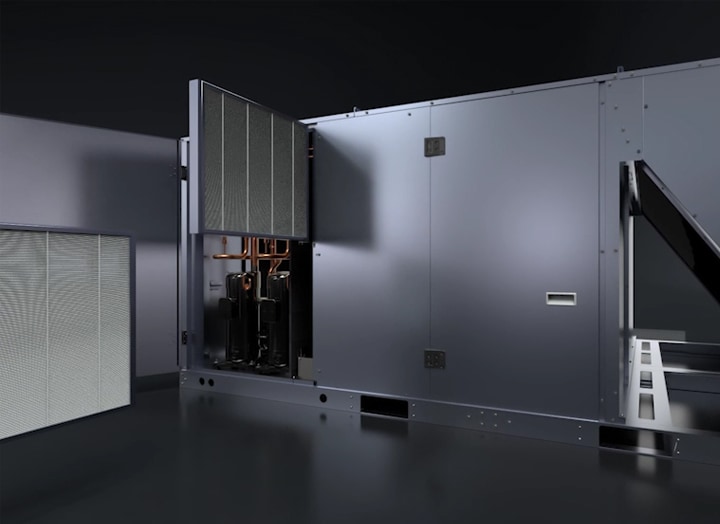 The Inverter Single Package with its side panel open, revealing internal components and air filters. The exterior is sleek and metallic.