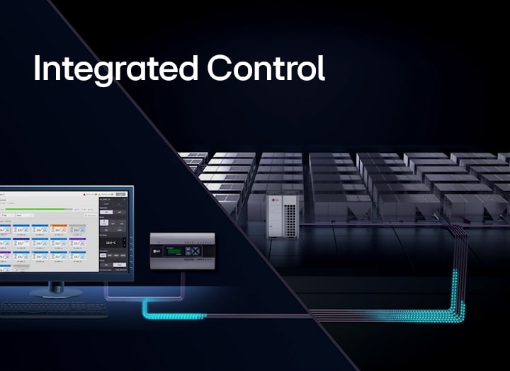 LG Integrated Control interface on a computer, connected to multiple HVAC units through a network represented by blue lines.