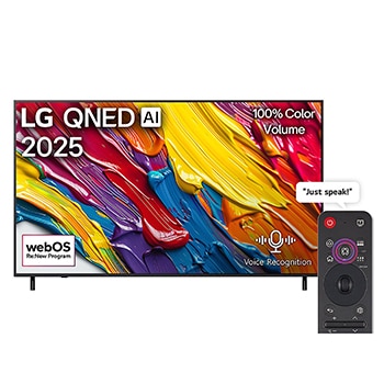 Front view of LG QNED82 TV, LG QNED Al Logo on the top corner. LG QNED TV depicts colorful paintike textures coming together.