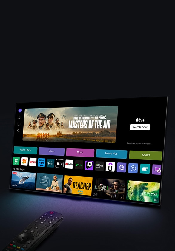 LG Magic Remote pekar p? en LG TV som visar webOS-startsk?rmen. 