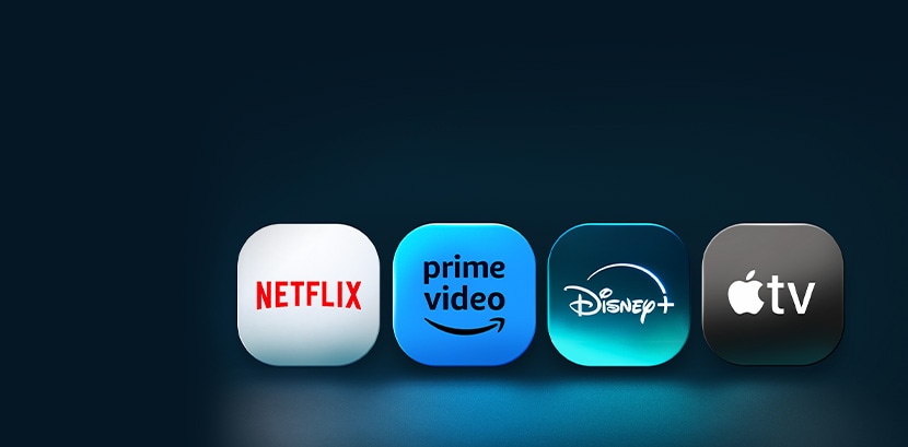 Logotyper f?r Netflix, Prime Video, Disney+ och Apple TV-apparna sida vid sida framf?r en bl? bakgrund. 