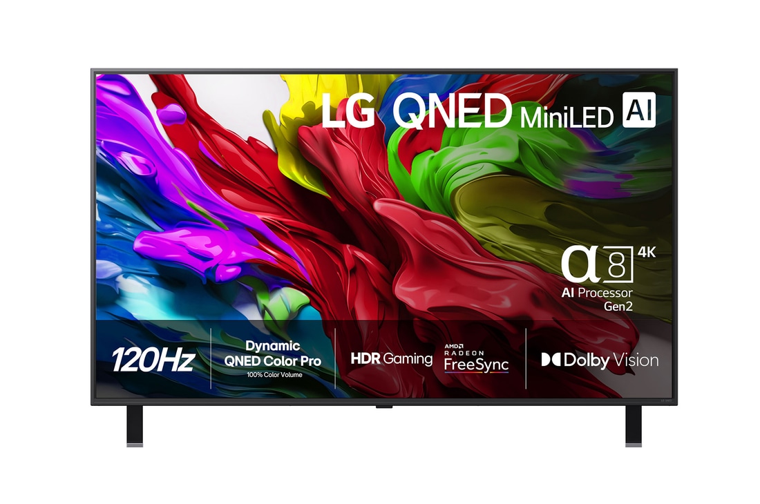 Vy framifr?n av LG QNED evo TV, LG QNED evo Al-logotyp i det ?vre v?nstra h?rnet p? TV:n. LG QNED evo TV visar f?rgglada m?larf?rgliknande strukturer som g?r ihop i r?tt, gult, gr?nt, bl?tt och lila.
