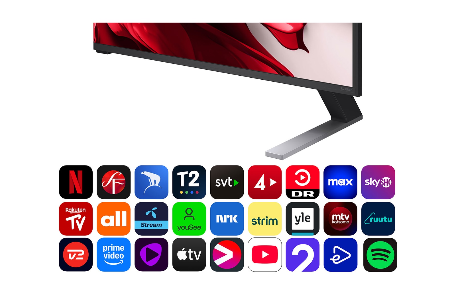 Vy framifr?n och fr?n sidan av LG QNED evo AI 4K Smart TV som visar dess l?ngd, bredd, h?jd och djupdimensioner.