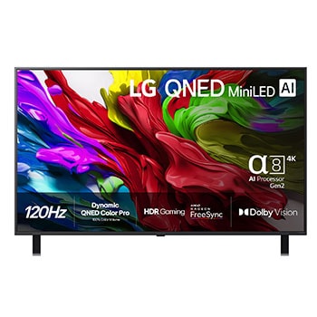 Vy framifr?n av LG QNED evo TV, LG QNED evo Al-logotyp i det ?vre v?nstra h?rnet p? TV:n. LG QNED evo TV visar f?rgglada m?larf?rgliknande strukturer som g?r ihop i r?tt, gult, gr?nt, bl?tt och lila.