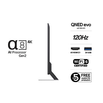 Vy fr?n v?nster av LG QNED evo TV.