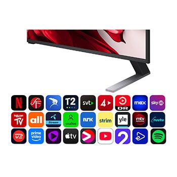 Vy framifr?n och fr?n sidan av LG QNED evo AI 4K Smart TV som visar dess l?ngd, bredd, h?jd och djupdimensioner.
