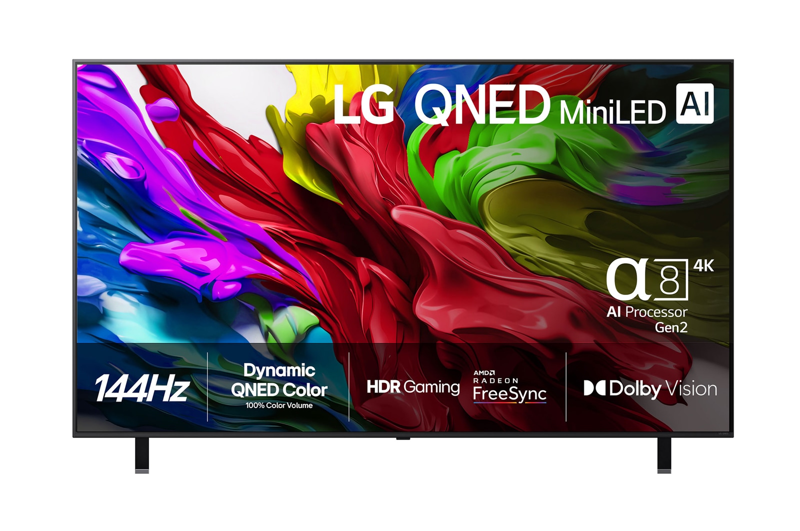 Vy framifr?n av LG QNED evo TV, LG QNED evo Al-logotyp i det ?vre v?nstra h?rnet p? TV:n. LG QNED evo TV visar f?rgglada m?larf?rgliknande strukturer som g?r ihop i r?tt, gult, gr?nt, bl?tt och lila.
