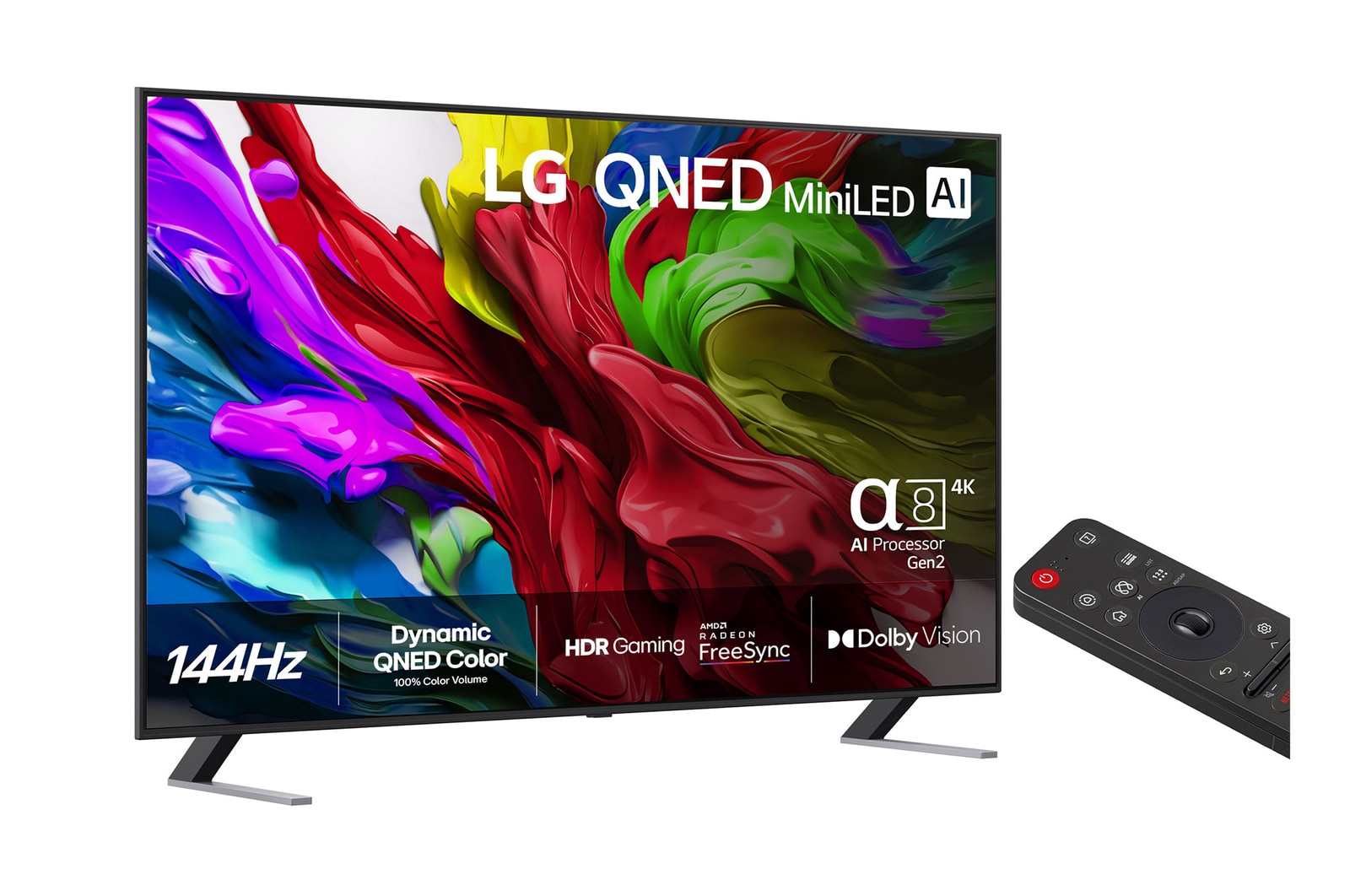 N?got vinklad bild fr?n h?ger av LG QNED evo TV.