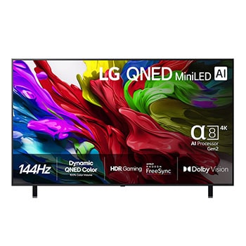 Vy framifr?n av LG QNED evo TV, LG QNED evo Al-logotyp i det ?vre v?nstra h?rnet p? TV:n. LG QNED evo TV visar f?rgglada m?larf?rgliknande strukturer som g?r ihop i r?tt, gult, gr?nt, bl?tt och lila.