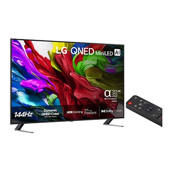 N?got vinklad bild fr?n h?ger av LG QNED evo TV.