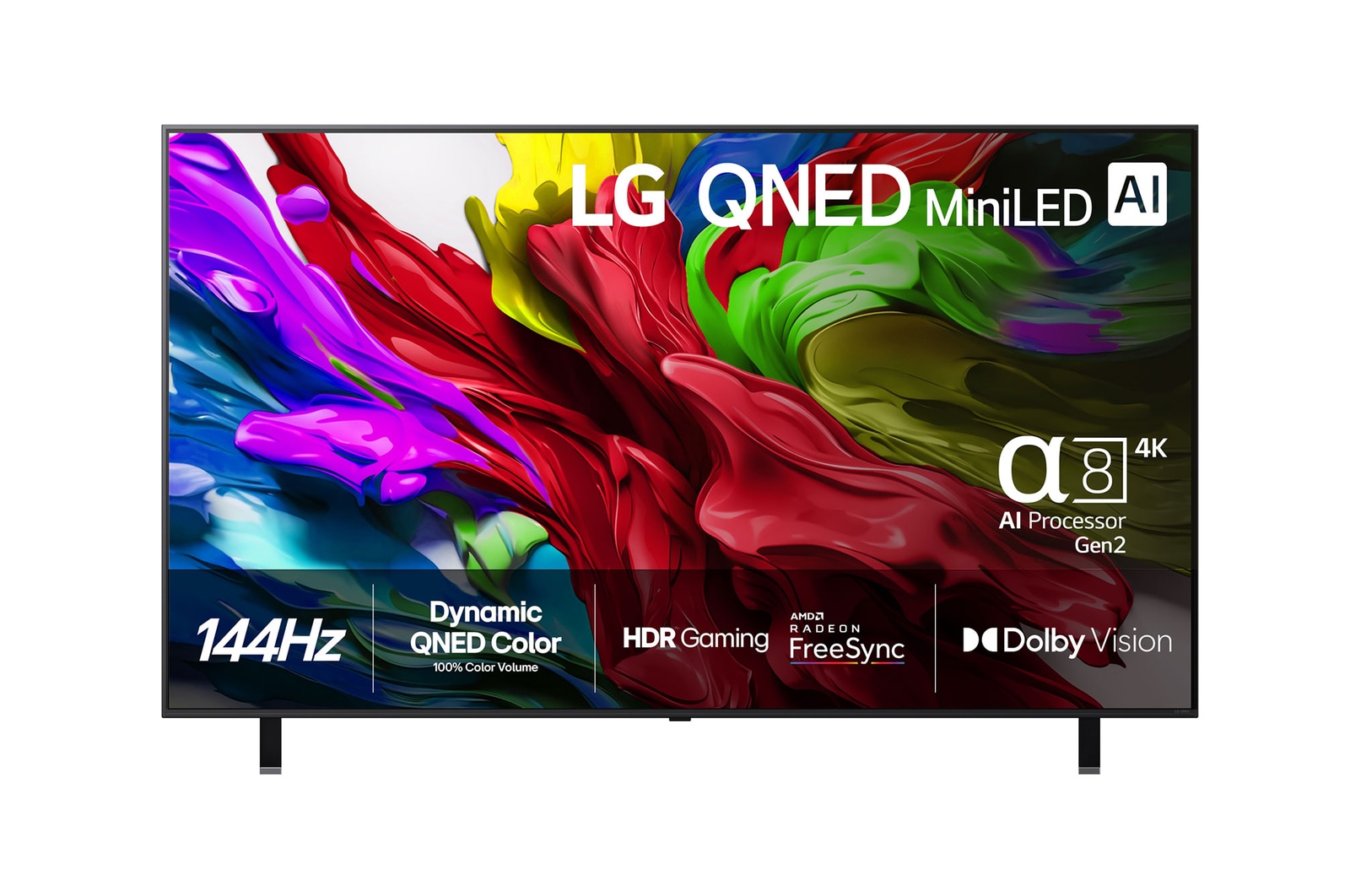 Vy framifr?n av LG QNED evo TV, LG QNED evo Al-logotyp i det ?vre v?nstra h?rnet p? TV:n. LG QNED evo TV visar f?rgglada m?larf?rgliknande strukturer som g?r ihop i r?tt, gult, gr?nt, bl?tt och lila.