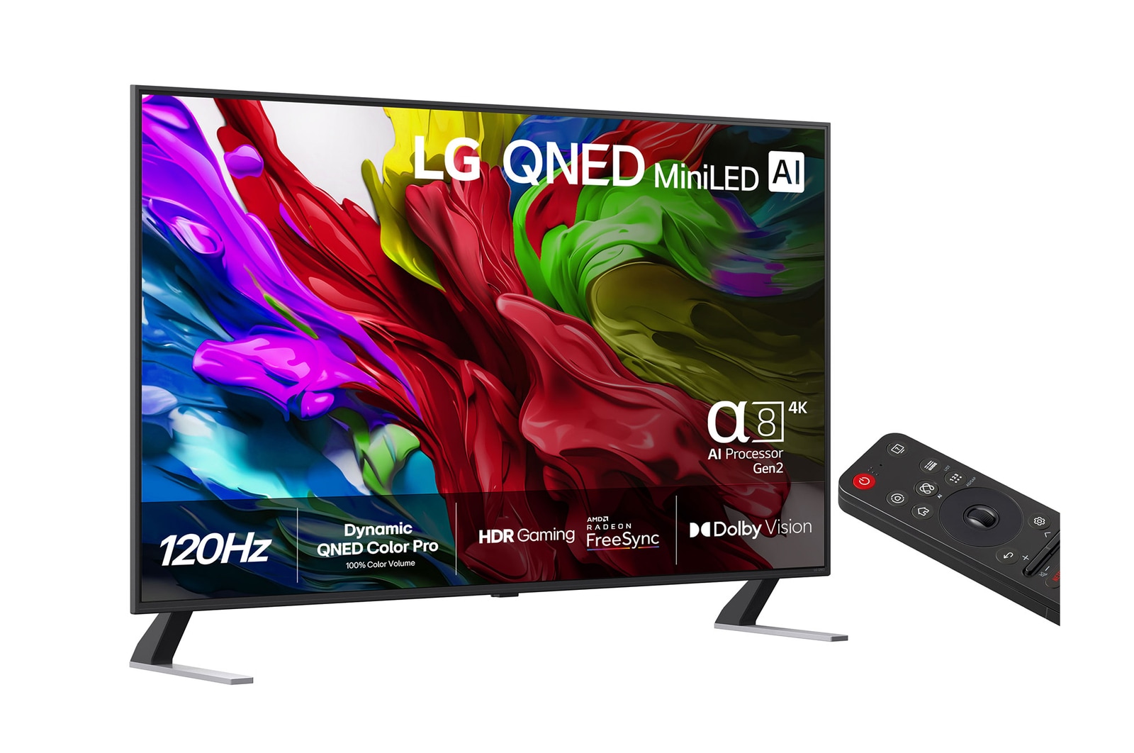 N?got vinklad bild fr?n h?ger av LG QNED evo TV.