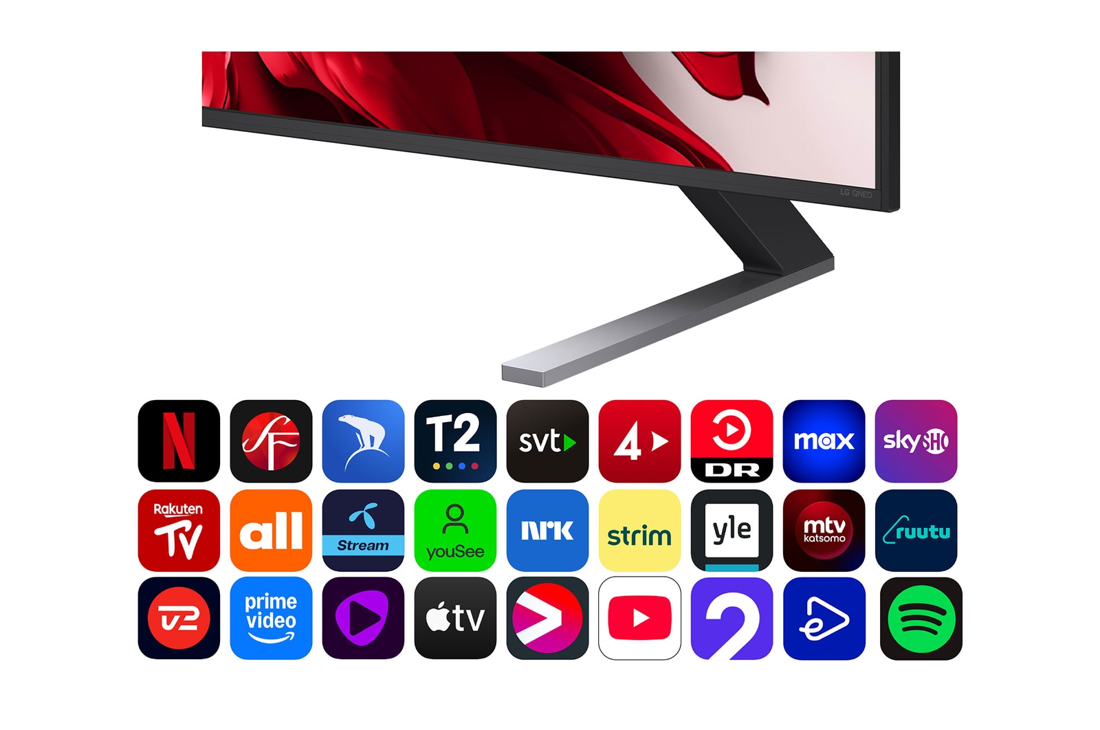Vy fr?n v?nster av LG QNED evo TV.