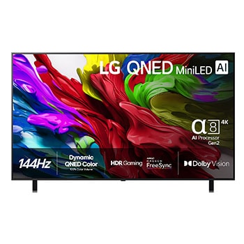 Vy framifr?n av LG QNED evo TV, LG QNED evo Al-logotyp i det ?vre v?nstra h?rnet p? TV:n. LG QNED evo TV visar f?rgglada m?larf?rgliknande strukturer som g?r ihop i r?tt, gult, gr?nt, bl?tt och lila.