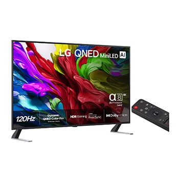 N?got vinklad bild fr?n h?ger av LG QNED evo TV.