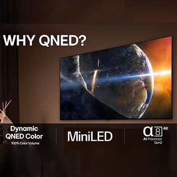 En flicka och en hund sitter framf?r en LG QNED TV monterad p? en v?gg som visar tre elefanter som g?r ut?t ovanf?r en LG Soundbar. En kort text beskriver hur varje handling ?r mer sp?nnande p? en stor sk?rm. 