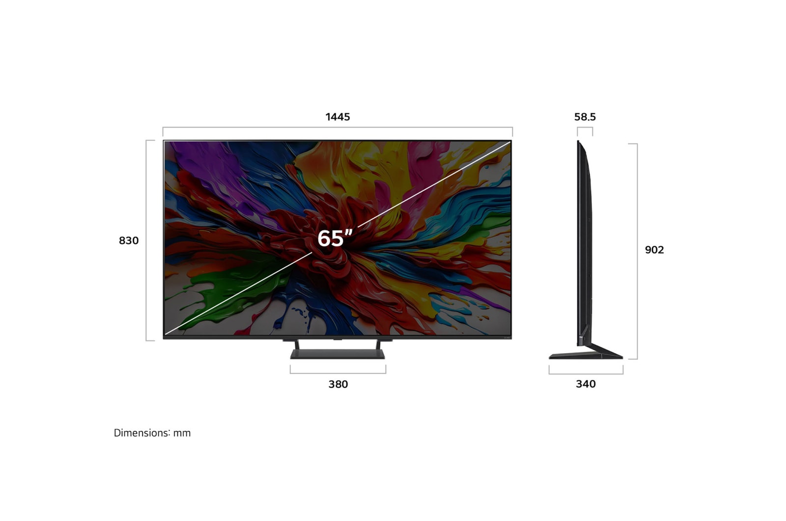 Vy framifr?n och fr?n sidan av LG QNED evo AI QNED93 4K Smart TV som visar dess l?ngd, bredd, h?jd och djupdimensioner.