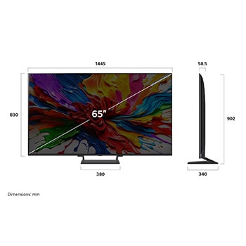 Vy framifr?n och fr?n sidan av LG QNED evo AI QNED93 4K Smart TV som visar dess l?ngd, bredd, h?jd och djupdimensioner.